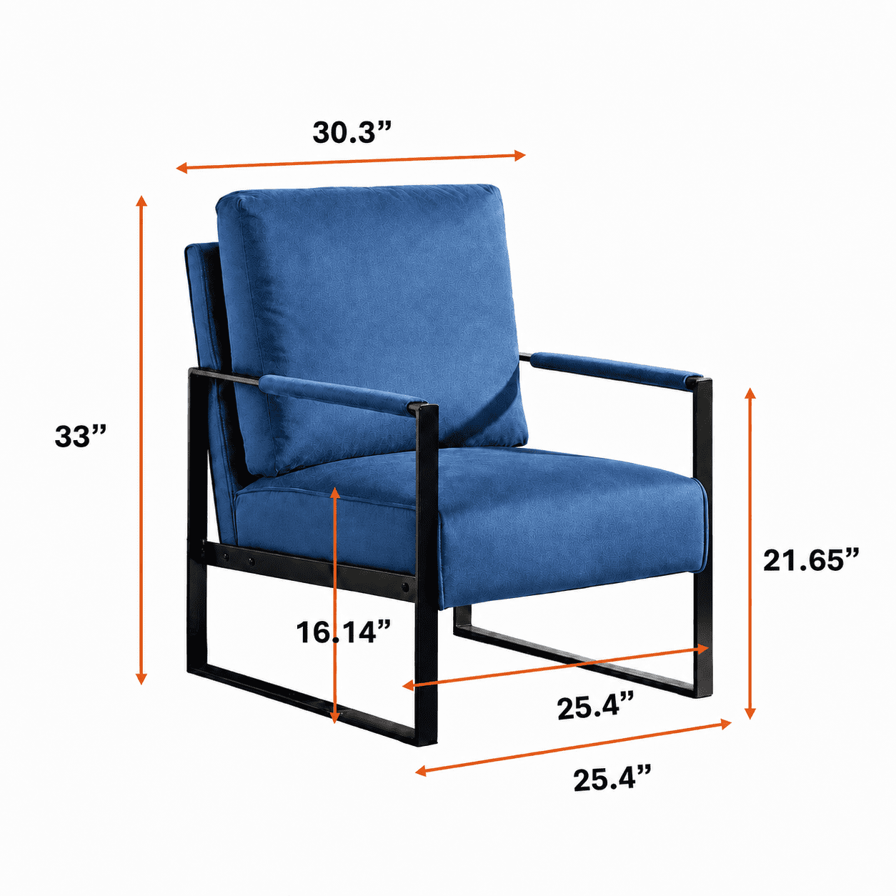MOONMISS Mid-Century Modern Accent Chair,Black Square Metal Frame with Thick Cushion,Blue Velvet