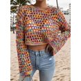 thumbnail image 2 of CORIRESHA Women's Short Belly Exposed Colorful Round Neck Trumpet Sleeve Hollow Knitted Sweater Beach Vacation Style, 2 of 3