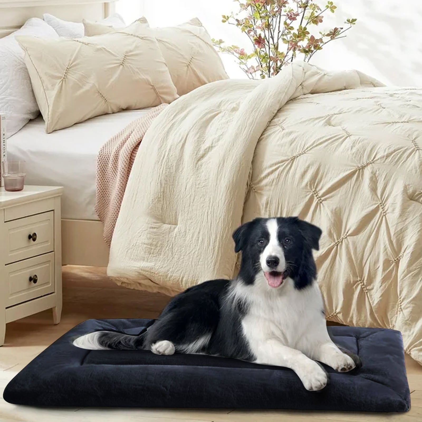 MERITLIFE Plush Washable Dog Bed Ultra Soft Dog Crate Mat Kennel Pad,Anti-Slip Pet Sleeping Bed for Small Medium Large Dogs,Dark Gray 48" x 30"