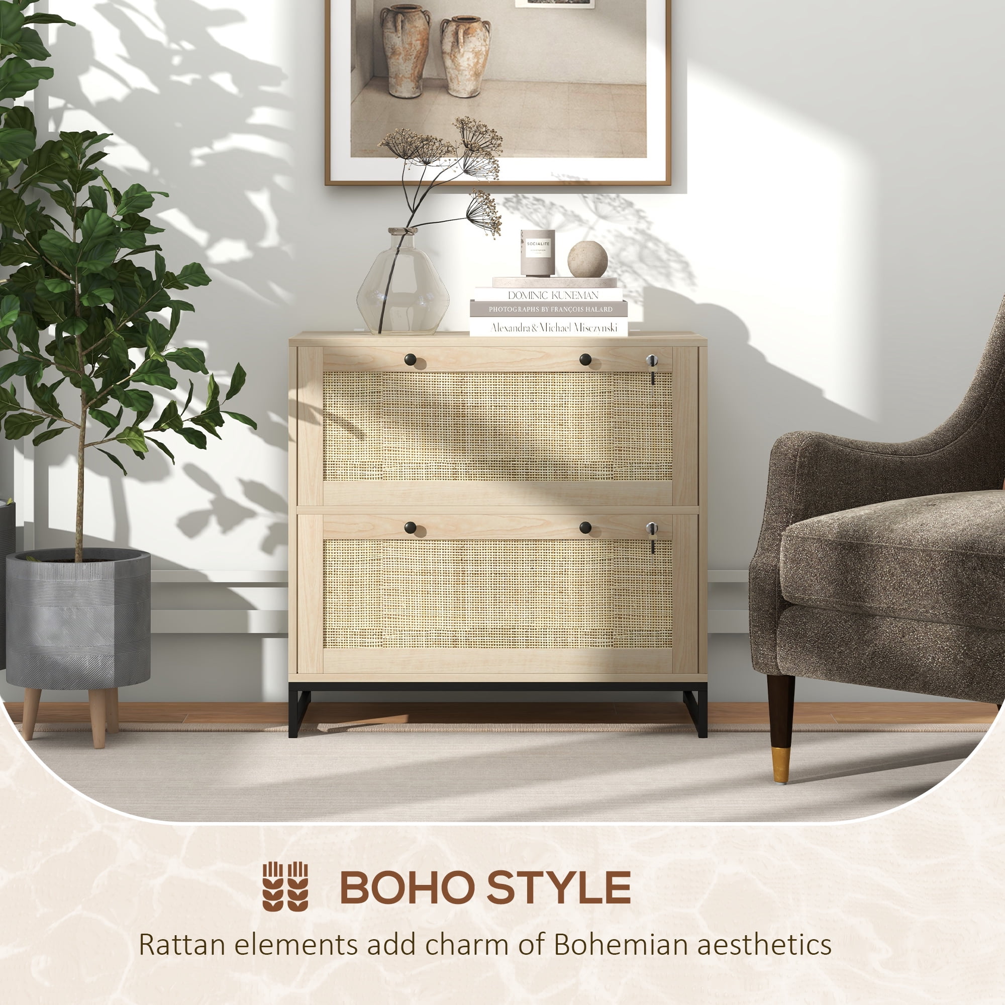 Vinsetto 2 Drawer File Cabinet with Lock, Vertical Filing Cabinet with Keys and Adjustable Hanging Bar for Letter, A4 and Legal Size, Natural