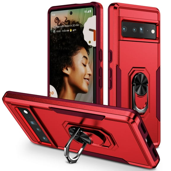 Google Pixel 7 Pro Case, Heavy-Duty Military Shockproof with Rotatable Stand Ring Protection Hard PC TPU Bumper Cover, Red