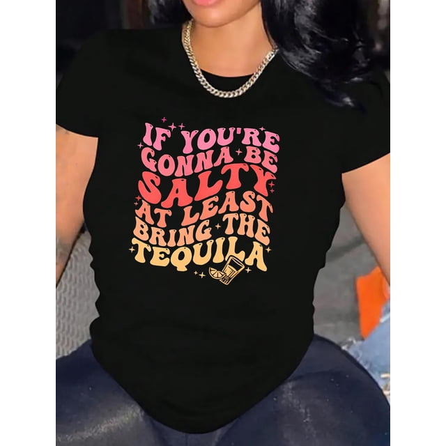Camiseta De Mujer Verano Ropa Informal Suelta Camiseta Básica De Moda Para La Calle DiariaWomen's Fashion Casual Round Neck Short Sleeve T-Shirt, Gradient Letter Print, Comfortable Summer Top, Knitt
