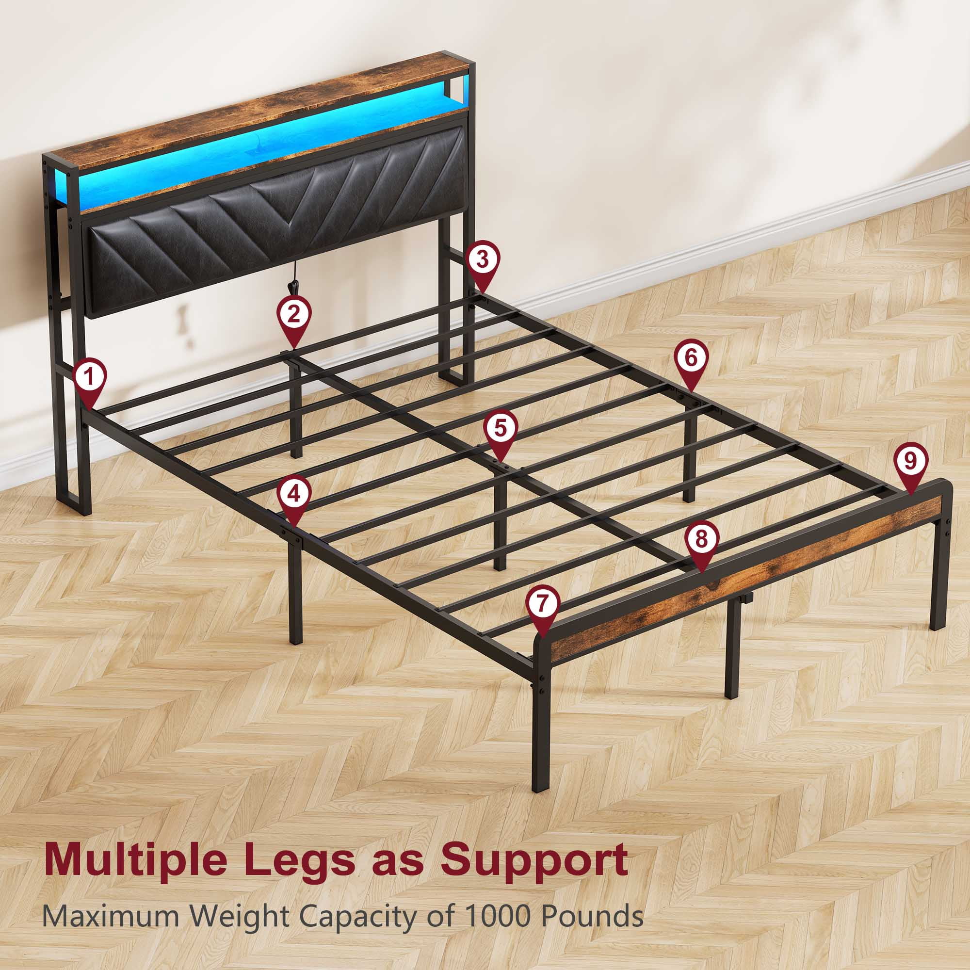 PAPROOS Full Size LED Bed Frame with Charging Station, PU Leather Upholstered Bed, Metal Platform Bed with Soft Cushioned Headboard for Adults Teens, Brown