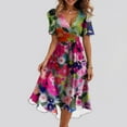 thumbnail image 2 of Qwertyu Spring Dresses for Women 2025 Boho Floral Printed Chiffon Dresses Elegant V Neck Belted Summer Wedding Prom Cocktail Midi Dress Hot Pink L, 2 of 4