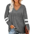 thumbnail image 2 of Femmes T-shirt Rayé Manches Longues Basic Top V Cou 2 4 1 3 Blouse Décontractée, Gris, M, 2 of 7