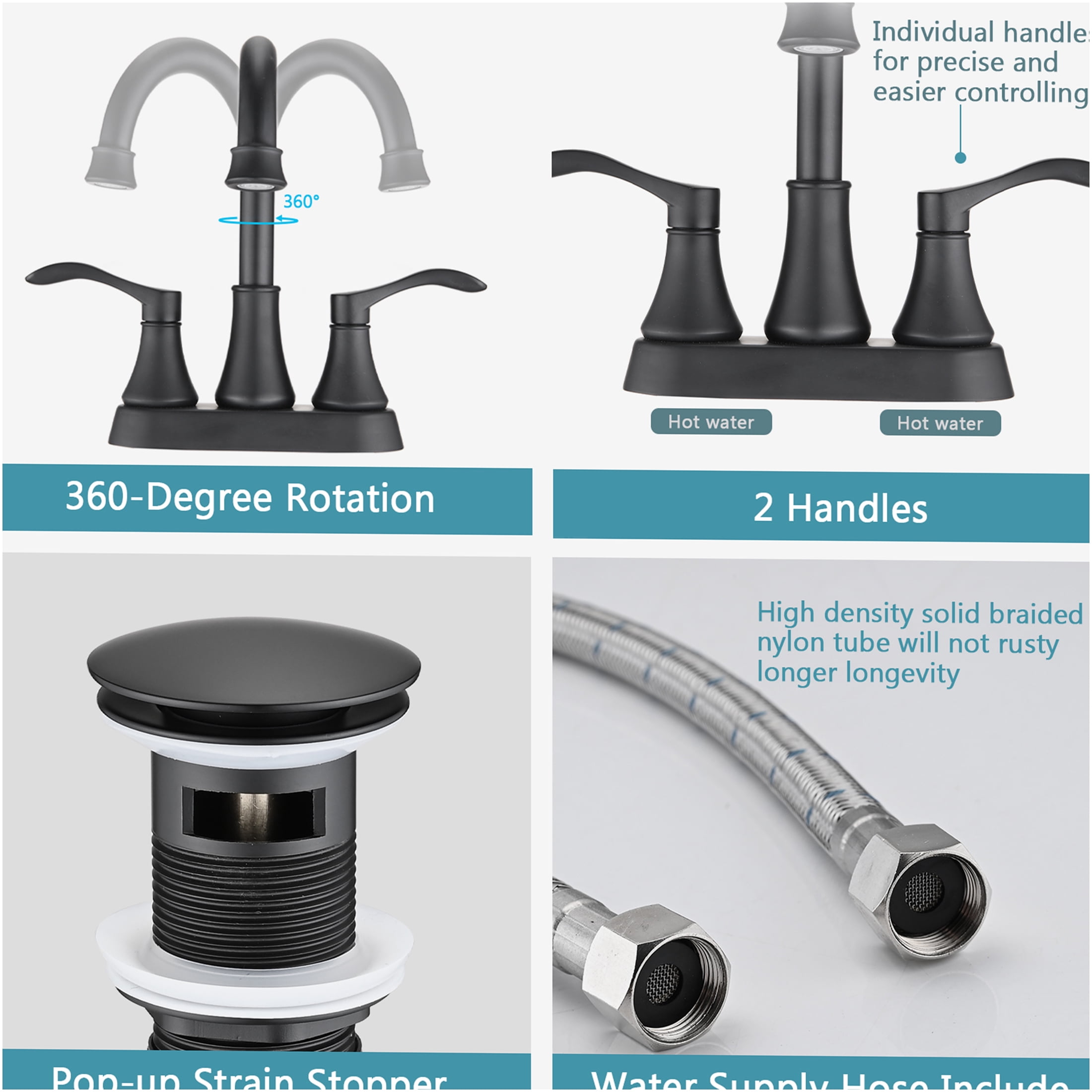 JERFIT 4-inch Centerset Bathroom Faucet with 360° Swivel Spout and Pop-Up Drain, Matte Black Finish, 2-Handle High Arc Zinc Alloy Faucet for Bathroom Sink