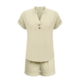 thumbnail image 5 of NMMUED Women 2 Piece Linen Lounge Sets Summer Casual Henley Shirts Short Pajama Set Beach Vacation Clothes Airport Outfits Matching Set Women Beige S, 5 of 5