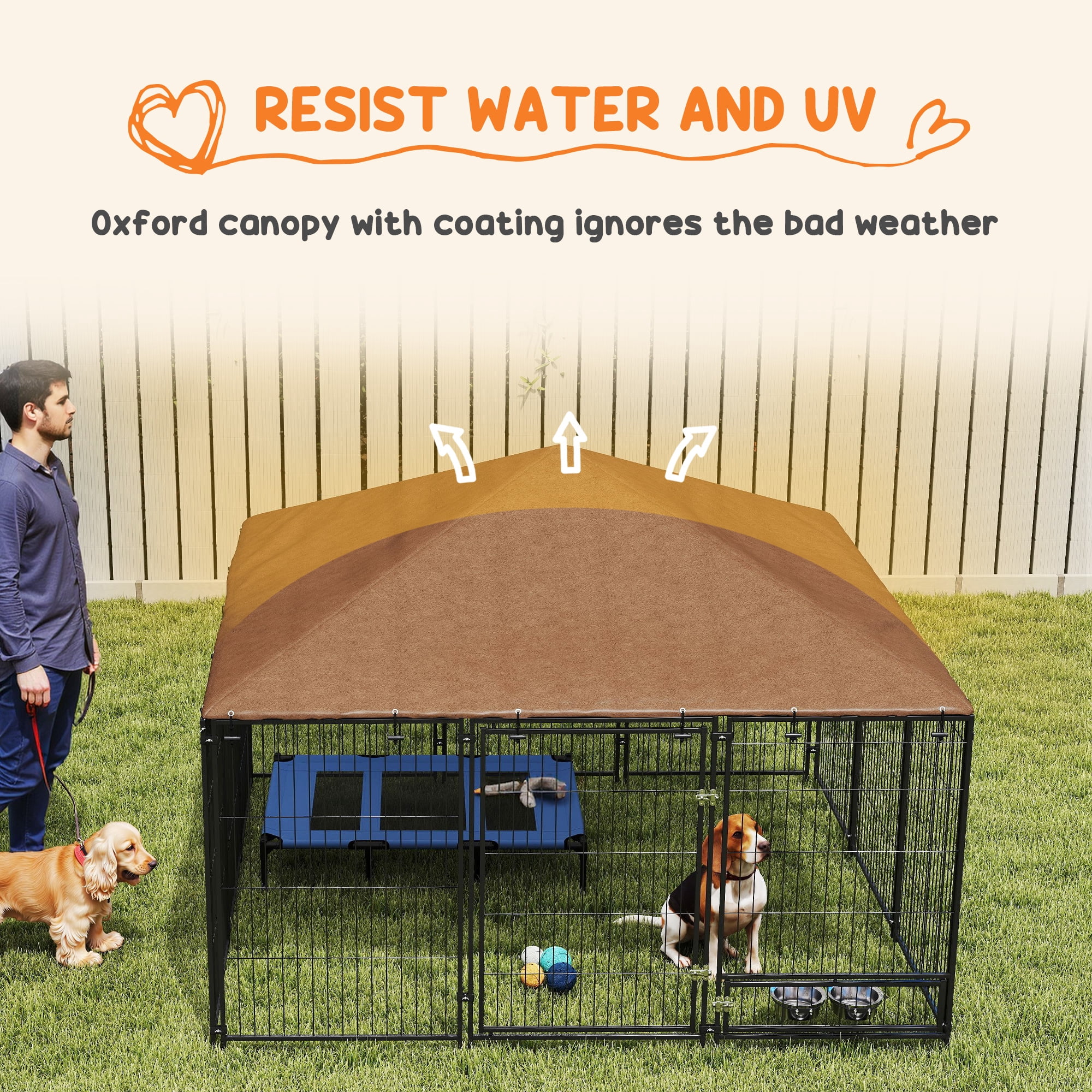 Outside Dog Kennel, Puppy Play Pen with Canopy, Garden Playpen Fence Crate Enclosure Cage Rotating Bowl, Coffee 6.9' x 6.9' x 5'