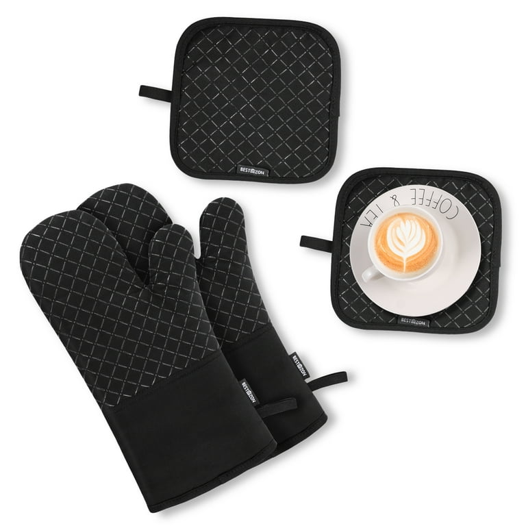 BESTONZON 4PCS Heat Resistant Oven Mitts and Pot Holders, Soft Cotton  Lining with Non-Slip Surface for Safe BBQ Cooking Baking Grilling (Black)