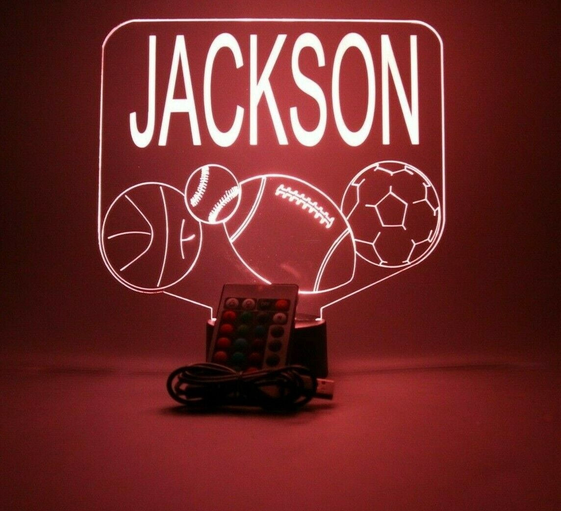Sports Array Soccer Ball Baseball Football Basketball with Custom Name Night Light Up Lamp LED Free Engraved Custom Name Personalized Athletic Table Lamp with Remote, 16 Colors, It's Wow, Great Gift