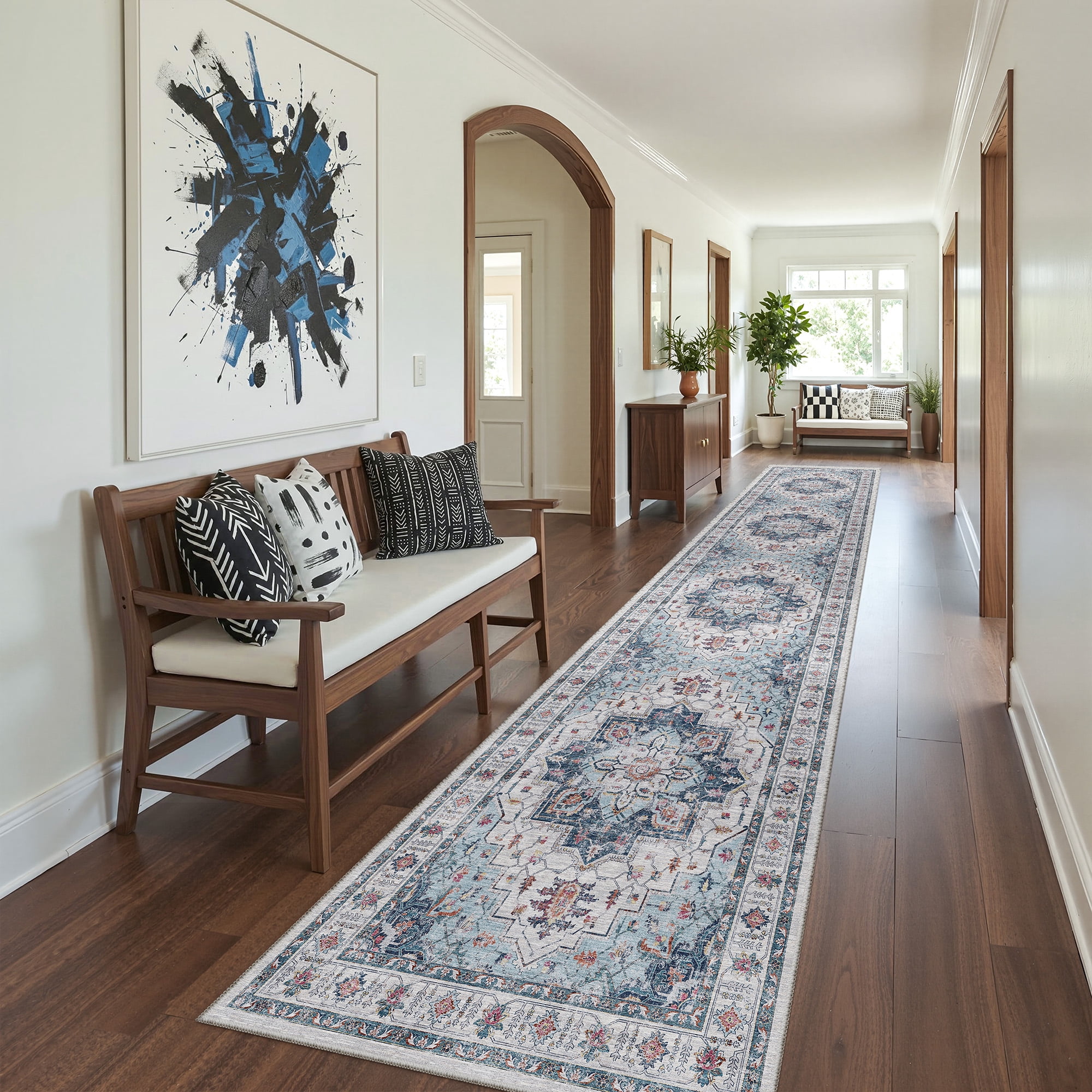 Roxstand 2'x10' Washable Runner Rug for Hallway Entrance Bedroom Entryway, Vintage Non Slip Stain Resistant Kitchen Rugs, Blue