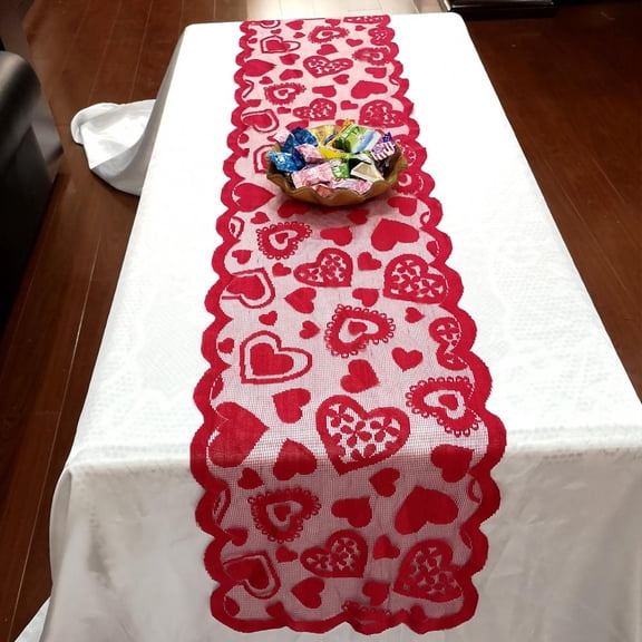 Jiibva Red Heart Pattern Table Runner Tablecloth for Valentines Day Anniversary Wedding Engagements Party
