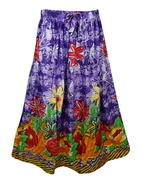 Mogul Womens Ethnic Long Skirt Floral Print Cotton Blend Purple A-line Boho Chic Gypsy Hippie Skirts