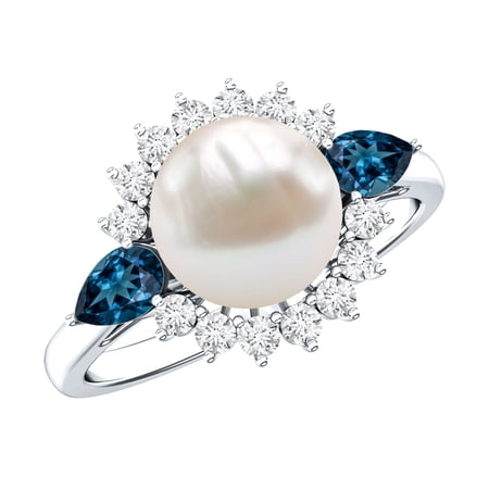 Rosec Jewels Freshwater Pearl Cocktail Ring with Blue Topaz and Diamond - AAA Grade - Pearl Ring for Women - with Jewelry Box, 925 Sterling Silver, US 4.00
