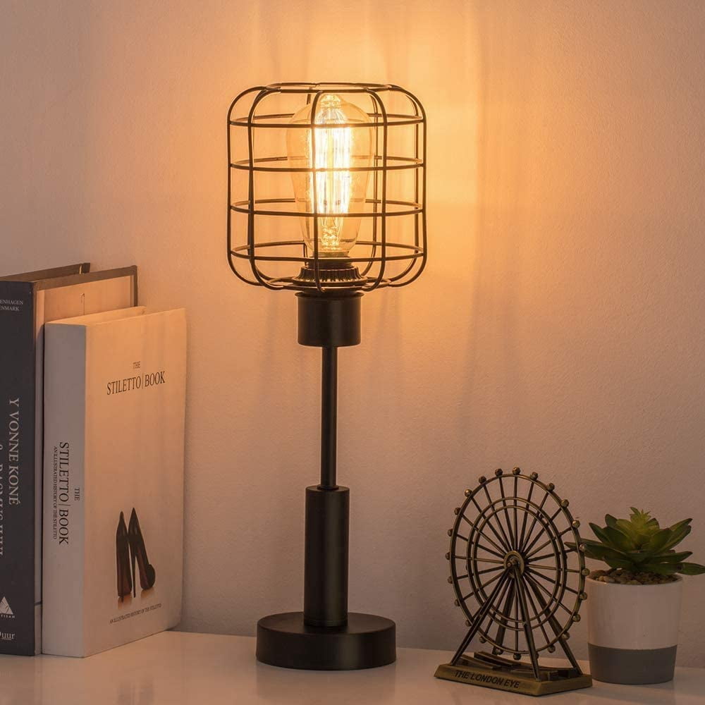 Oumilen Black Industrial Metal Table Lamp with Cage Shade