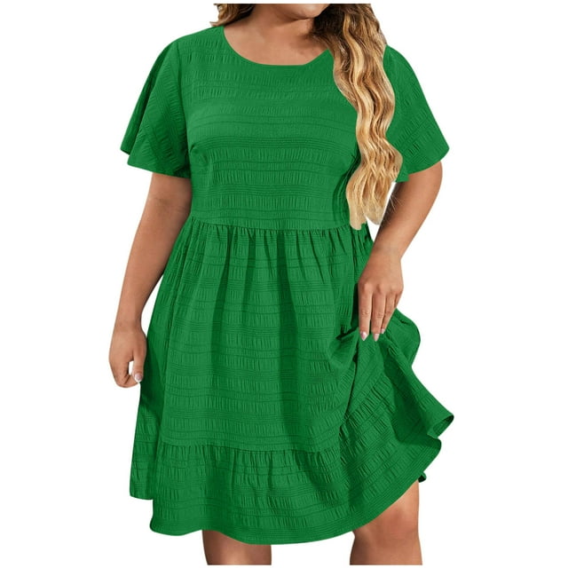 Admvng Womens Summer Dresses Plus Size Casual Solid Round Neck Ruffle Cute Short Sleeved Dress L-5XL