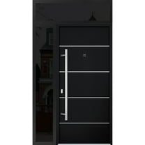 Front Exterior Prehung Steel Door / Deux 6083 Black Enamel / Side and Top Exterior Window Sidelite / Stainless Inserts Entry Metal Modern Painted W36 12" x H80 16" Right hand Inswing