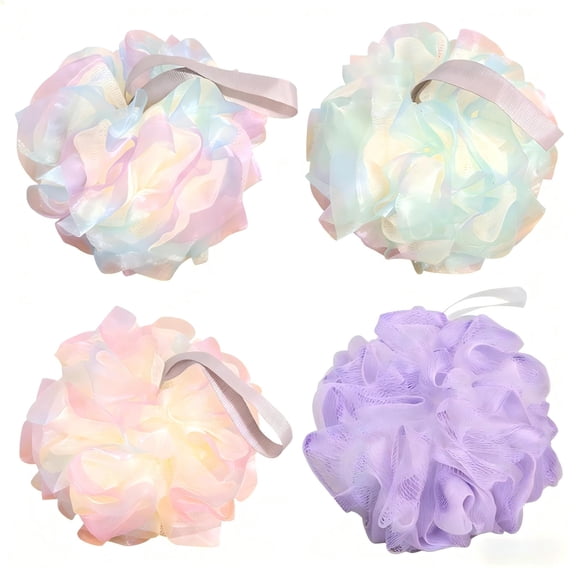 4 Pack Shower Puff, Soft Mesh Bath Sponge Set with Hanging Loop, Quick Dry Exfoliating Body Scrubber for Women & Men, Colorful Bath Ball for Shower & Bath Accessories