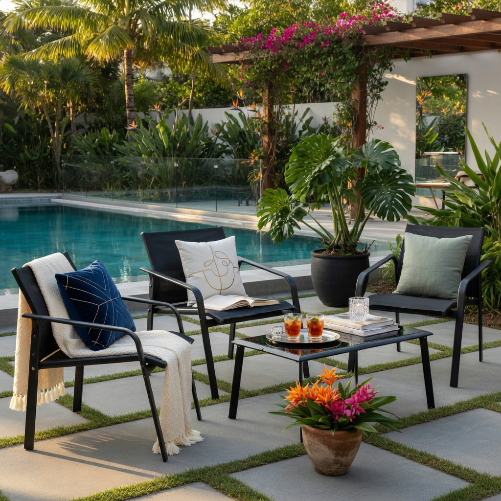 Hommoo 4-Piece Modern Patio Furniture Set, Steel Frame Outdoor Loveseat, 2 Armchairs + Tempered Glass Table, Weather-Resistant, Easy Assembly, Black