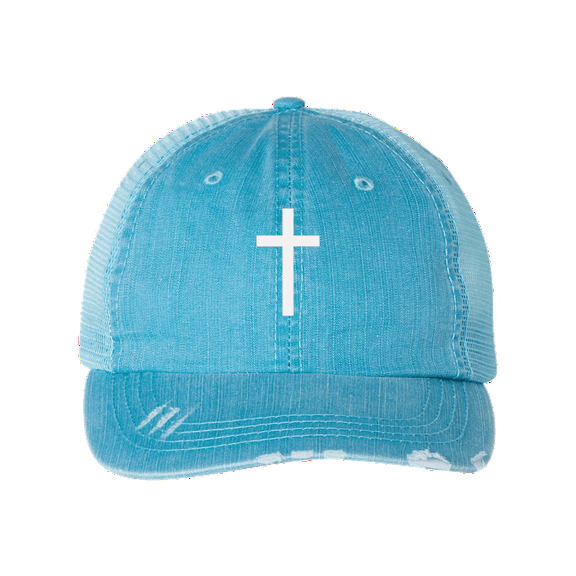 Women's Christian Embroidered Cross Baseball cap, Blue/White Embroidery