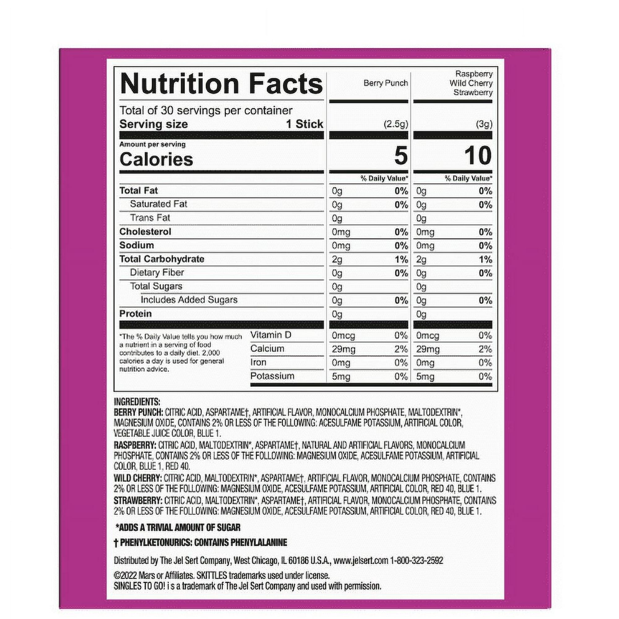 Skittles Zero Sugar Wild Berry Singles-to-Go Packs, Powdered Drink Mix, 2.88 oz, 30 Count Packets