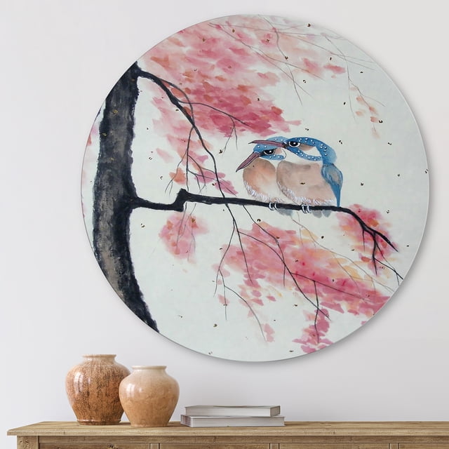 Designart - Two Kingfisher Birds Sit On A Flowering Branch - Traditional Metal Circle Wall Art