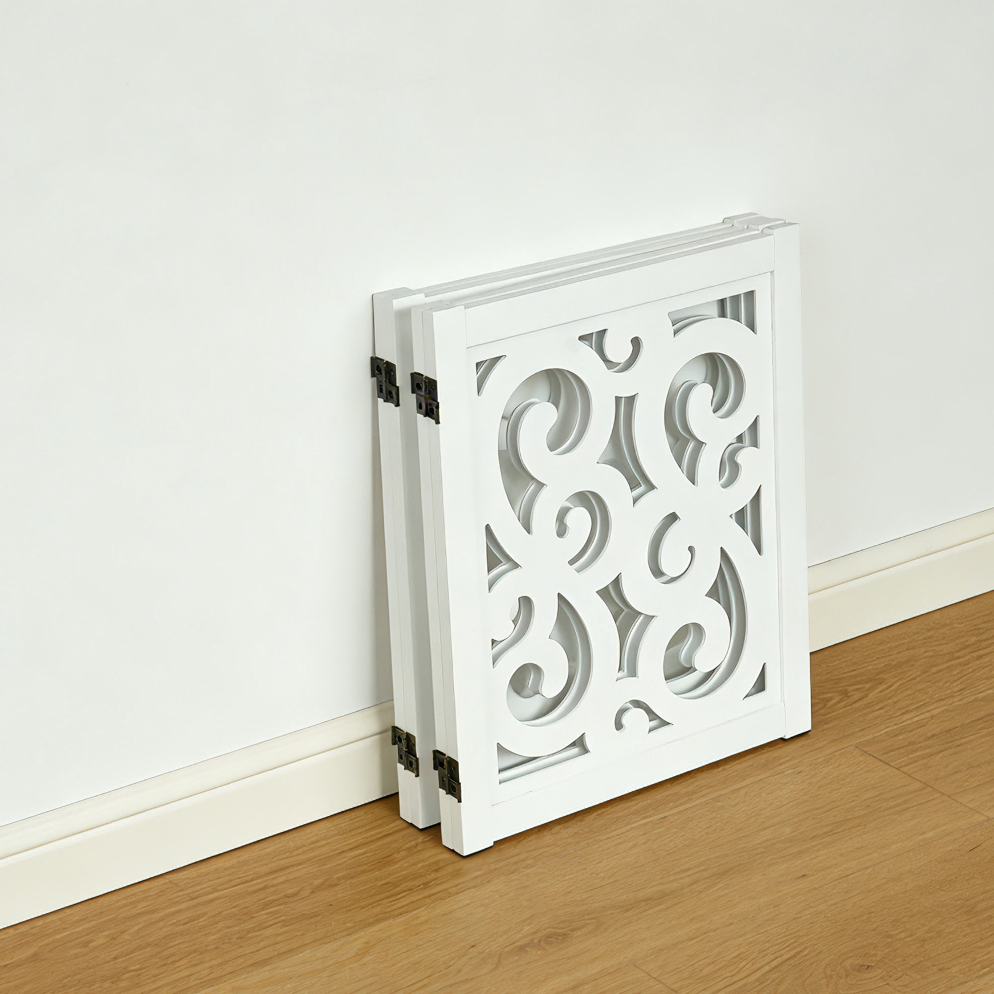 Ashfield & Harkness: 4-Panel Pet Gate - Scroll White - Wooden Foldable Freestanding Dog Fence, 80 x 23.5", Doorways-Halls-Stairs, 360 Rotated Hinges