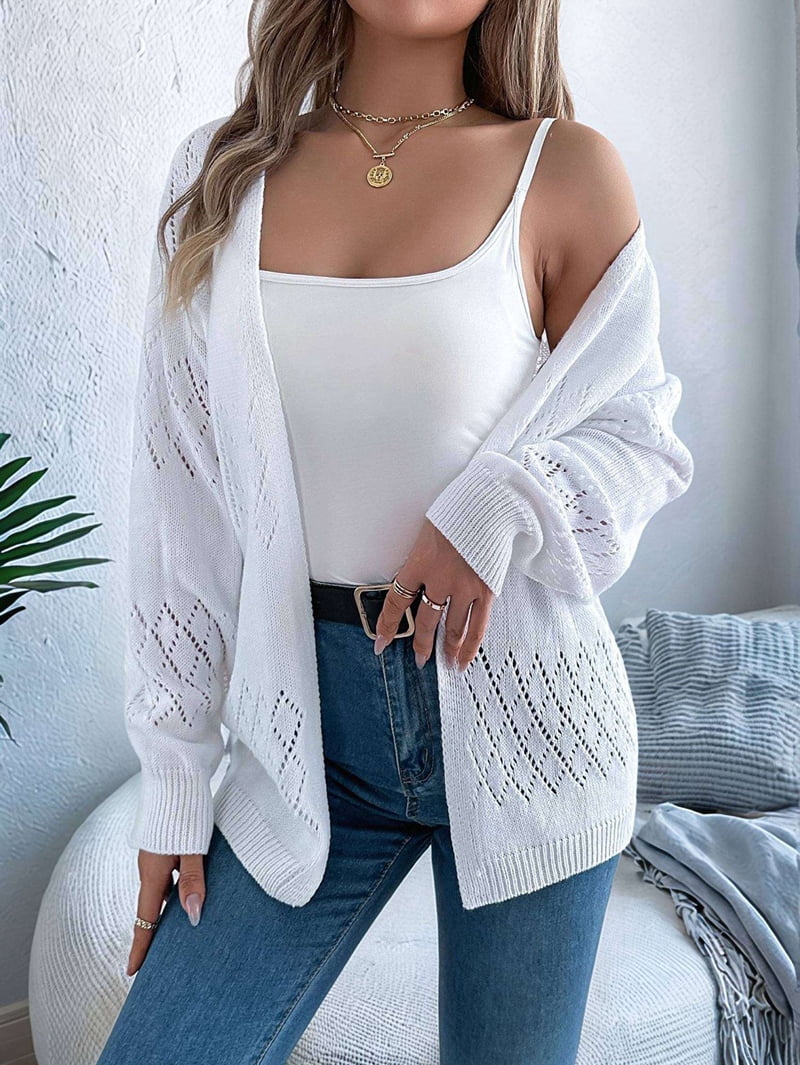 Womens Summer Crochet Cardigan Long Sleeve Light-Weight Casual Knit Sweaters White M