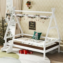 Miniyam Twin House Platform Bed with Stairs, Solid Wood Kids Bed with Low Profile Design, White