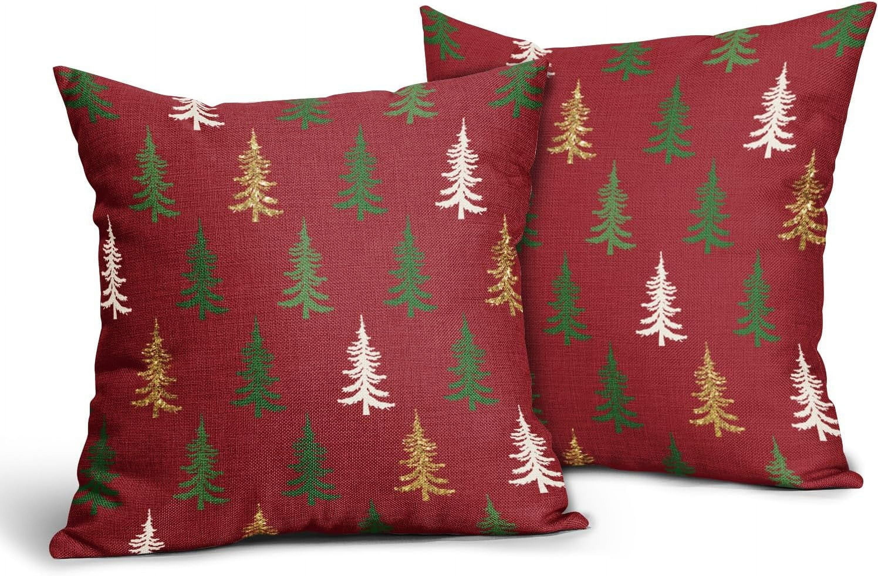 Christmas Tree Pillow Covers 18x18 Set of 2 Red Xmas Rustic Style Winter Print Decorative Outdoor Pillowcases Farmhouse Vintage Holiday Decorations Throw Cushion Case Decor for Couch Sofa Bed