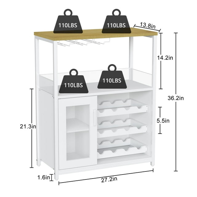 GloryStar Wine Bar Cabinet - Large Capacity Liquor Cabinet with Storage, Adjustable Shelves for Glassware, Sturdy MDF Construction, Easy Assembly Wine Rack Ideal for Dining Room Bar & Kitchen