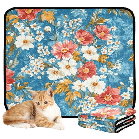 Qxltty Red and White Nostalgic Flowers Cat litter Pads Pet Set of 3 Diaper Mats Center Anti-leakage Layer Absorbent Soft and Comfortable