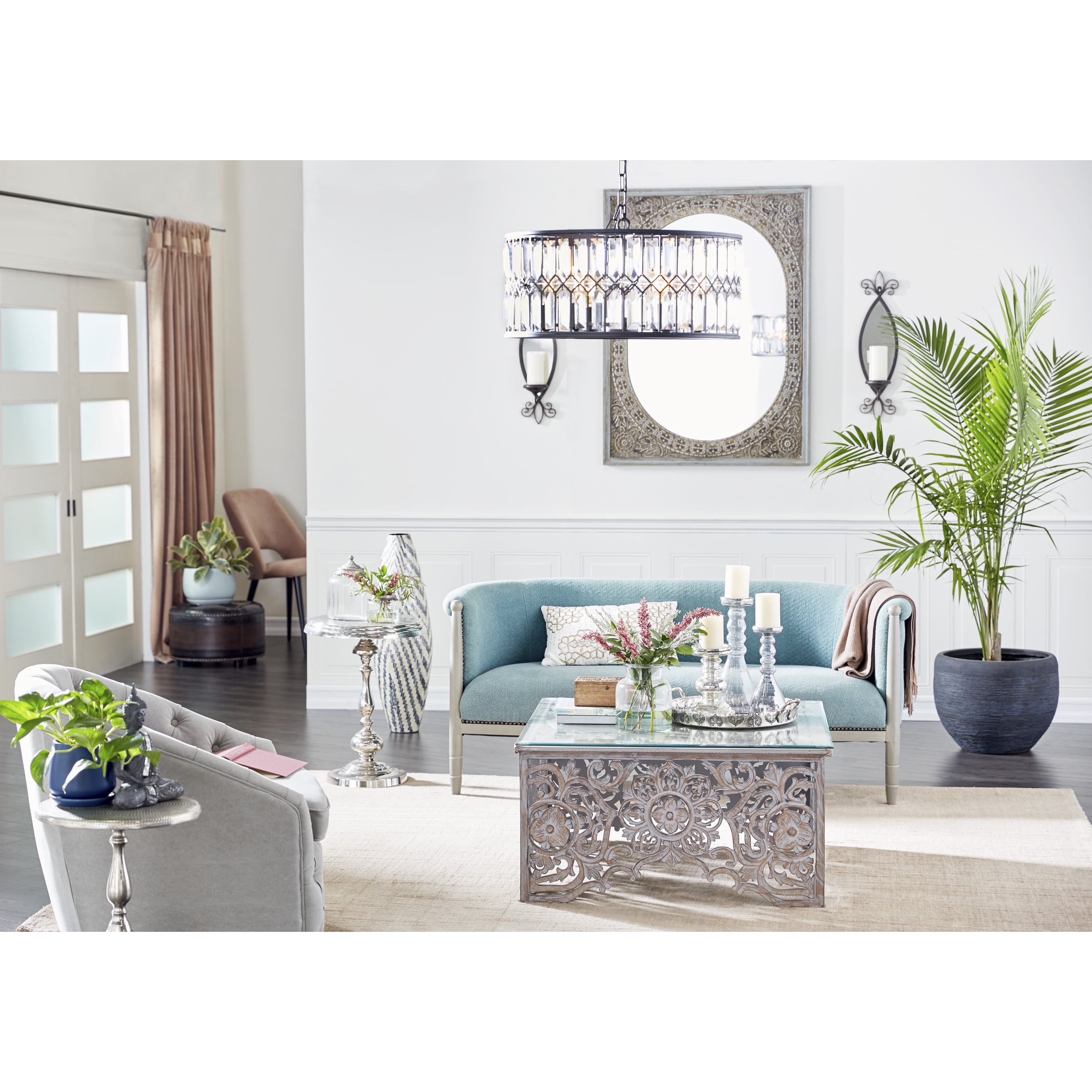 DecMode 36" x 19" White Wood Handmade Intricately Carved Floral Coffee Table with Clear Glass Top, 1-Piece
