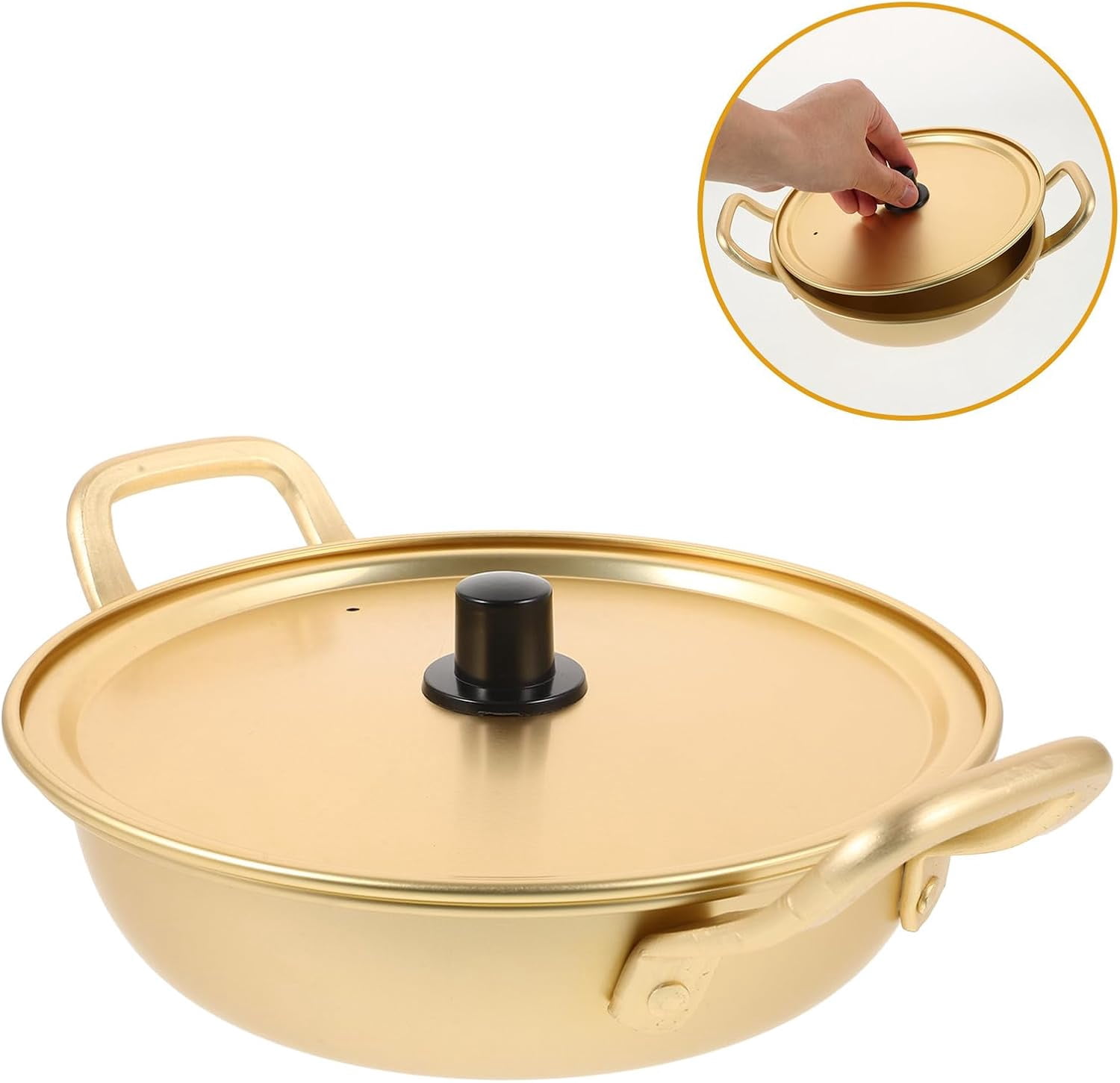 Korean Noodle Cooking Pot 18cm Non-stick Yellow Aluminum Soup Pot with Lid Double Handles Portable Cookware for Instant Ramen and Household Kitchen Use