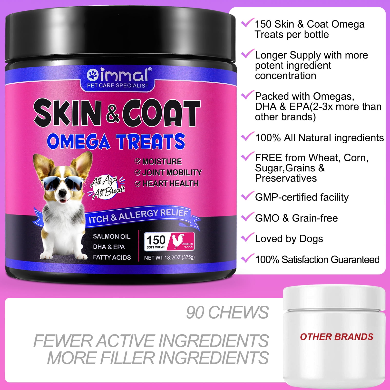 Oimmal Skin & Coat Chews for Dog, 450 Chews with EPA&DHA Fatty Acids, Healthy Skin & Coat, Dry & Itchy Skin Relief, Promotes Heart, Hip & Joint Support - Chicken Flavor