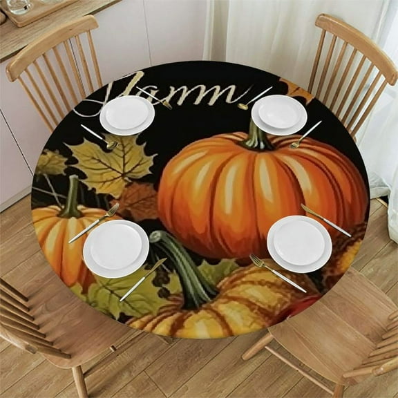 BANET Fitted Round Tablecloth ,yellow leaves pumpkins Thanksgiving day Fall black Table cover,Elastic Edged Table Cloth Fits Round Tables 46"-50