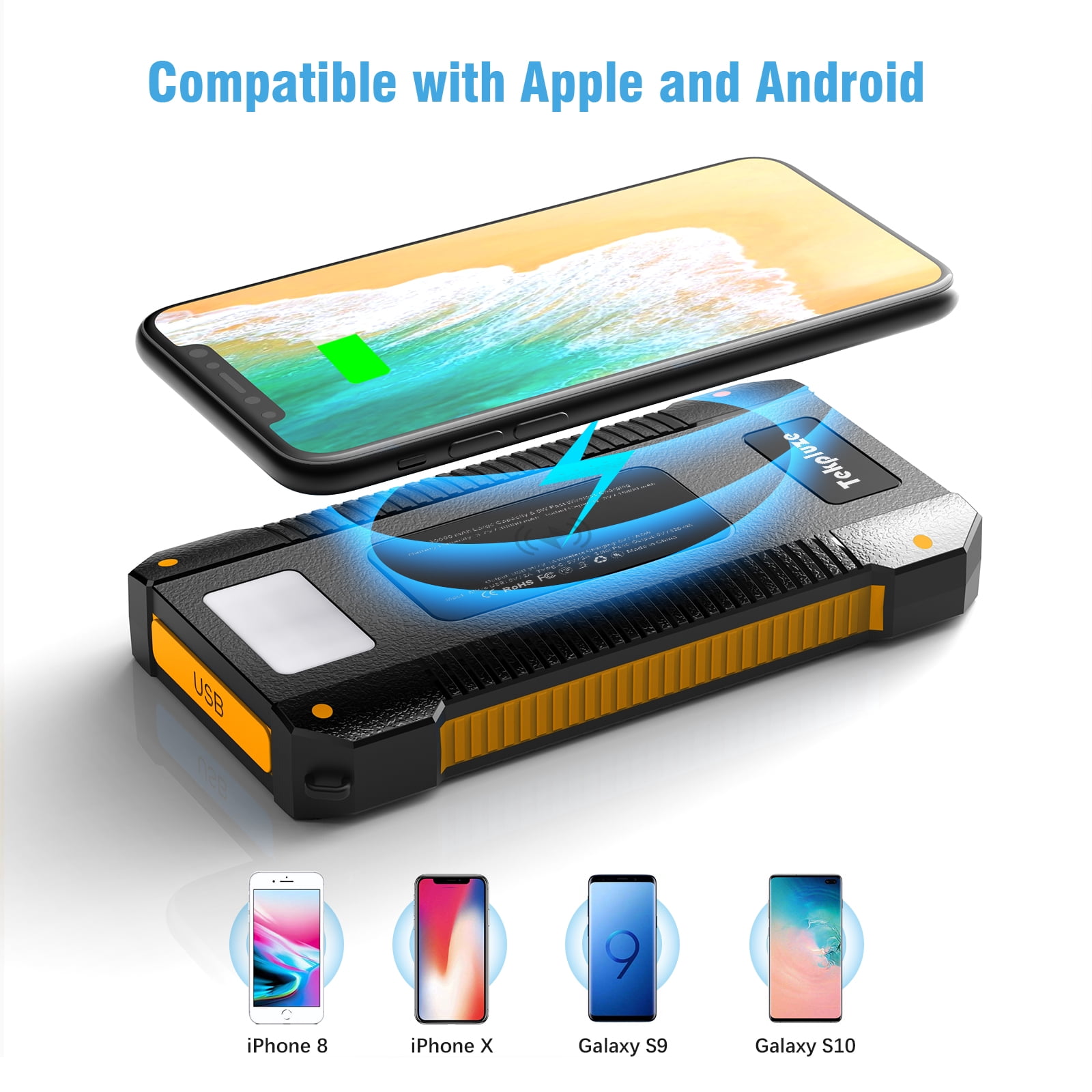 Solar Power Bank 30000 mAh, Wireless Portable Charger Solar Panel External Battery Type-C 5V Dual USB with LED Flashlight (Waterproof, Dustproof, Shockproof) Compatible with iOS & Android