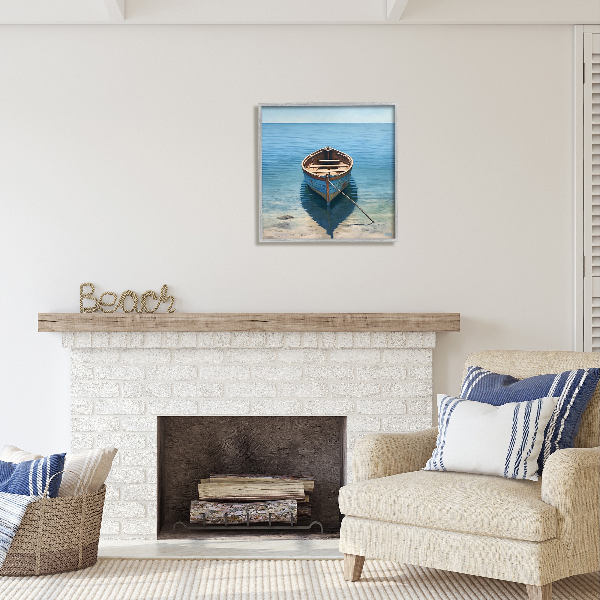 Stupell Industries Rowboat on Calm Shore Transportation Painting Gray Framed Art Print Wall Art, 24 x 24
