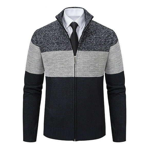 Xysaqa Men's Sweaters Zip Up Slim Fitted Warm Thick Knitted Cardigan Sweaters Jacket with Pockets Dark Gray