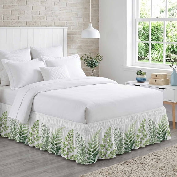 Country Ferns Bed Skirt Queen Size 16 Inch Drop, Green Gradient Watercolor Leaves Botanical Adjustable Elastic Dust Ruffles Bedskirt for Queen Bed Wrap Around Pleated Mattress Frame Cover