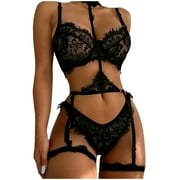 Hfyihgf Sexy Choker Floral Lace Underwire Push Up Garter Belt Lingerie Set for Women Sheer Bra and Panty 3 Piece Babydoll Underwear Sleepwear(Black,S)