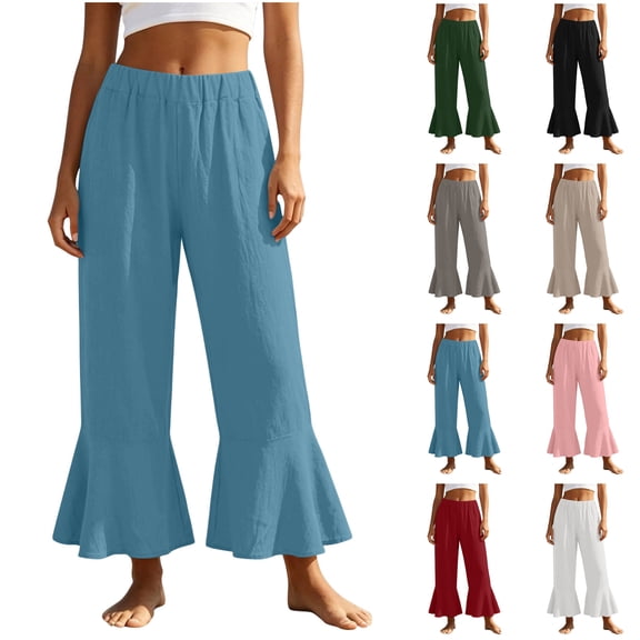 Bloomae Women's Wide Leg Linen Capri Pants Elastic High Waist Ruffle Hem Casual Loose Cropped Trousers Solid Color Lightweight Daily Lounge Capris with Pockets