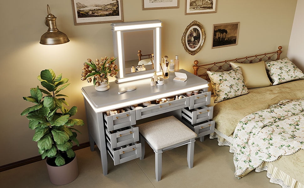 Euroco 48 inch Vanity Desk with Mirror and Lights, Makeup Vanity with 7 Drawers and Cushioned Stool, Classic Grey Finish Dressing Table with Hollow