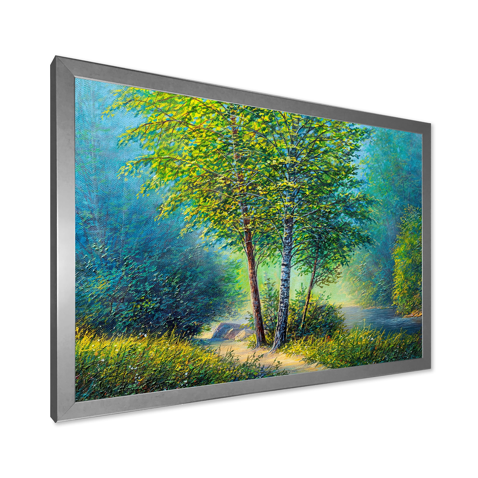 Designart 'Three Vibrant Green Trees By The River' Lake House Framed Art Print