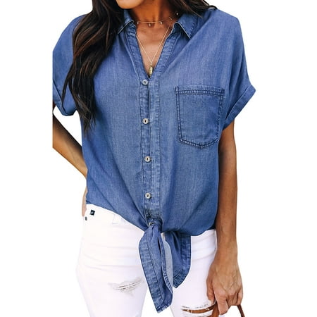Women's Short Sleeve Denim Shirt Tops Button | Walmart Canada