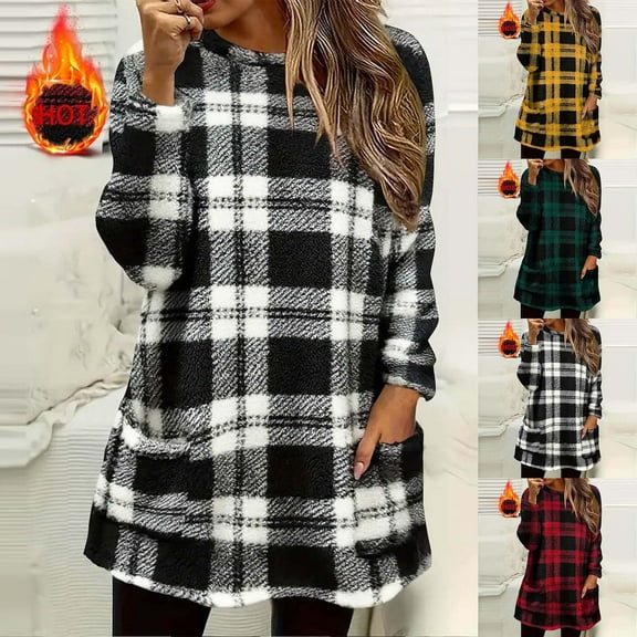 Womens Plaid Sherpa Sweatshirt Long Sleeve Crewneck Fleece Pullover Fuzzy Fall Winter Loungewear Tops with Pockets