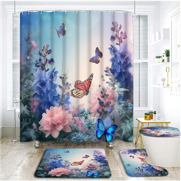 4 Piece Butterfly Floral Shower Curtain Set with Rugs, Toilet Lid Cover ,Spring Garden Blue Pink Boho Lavender Flower Floral Lilac Plant Nature Country Modern Bathroom Shower Curtain with Hooks…