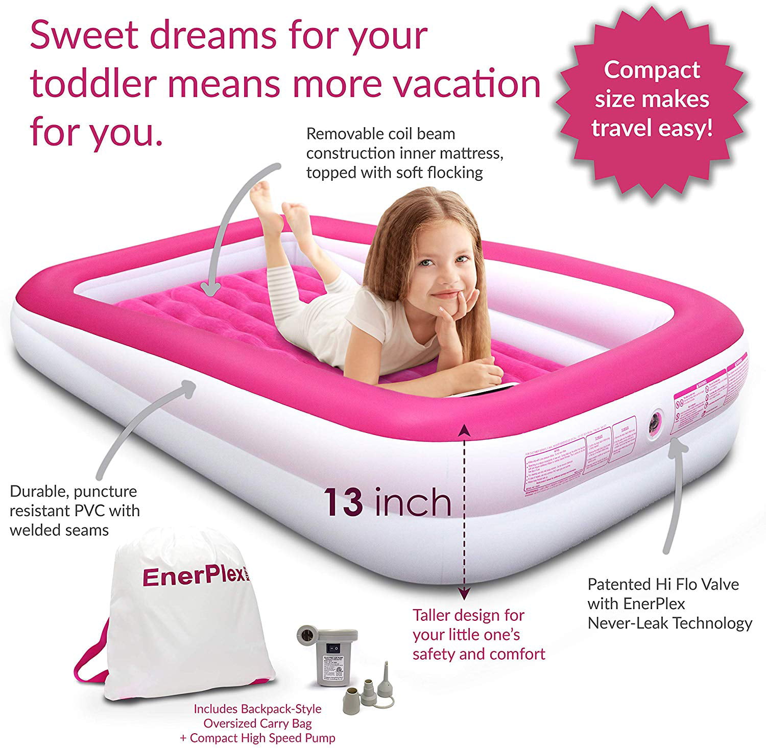 EnerPlex Kids Inflatable Toddler Travel Bed with High Speed Pump 