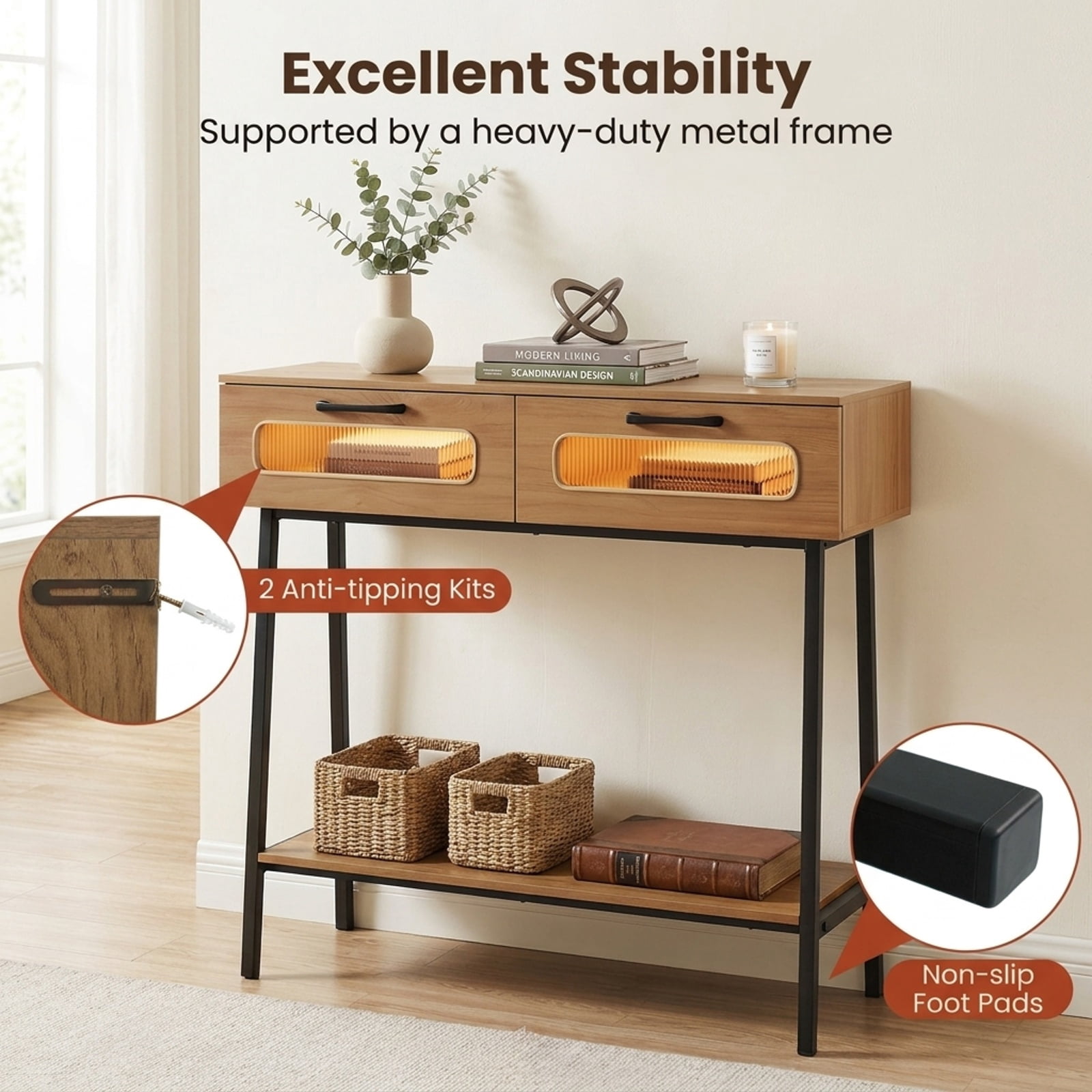 Furnibear Console Table with LED Lights and Open Shelf Entryway Table with 2 Drawers for Living Room Hallway Entrance Sofa, Natural