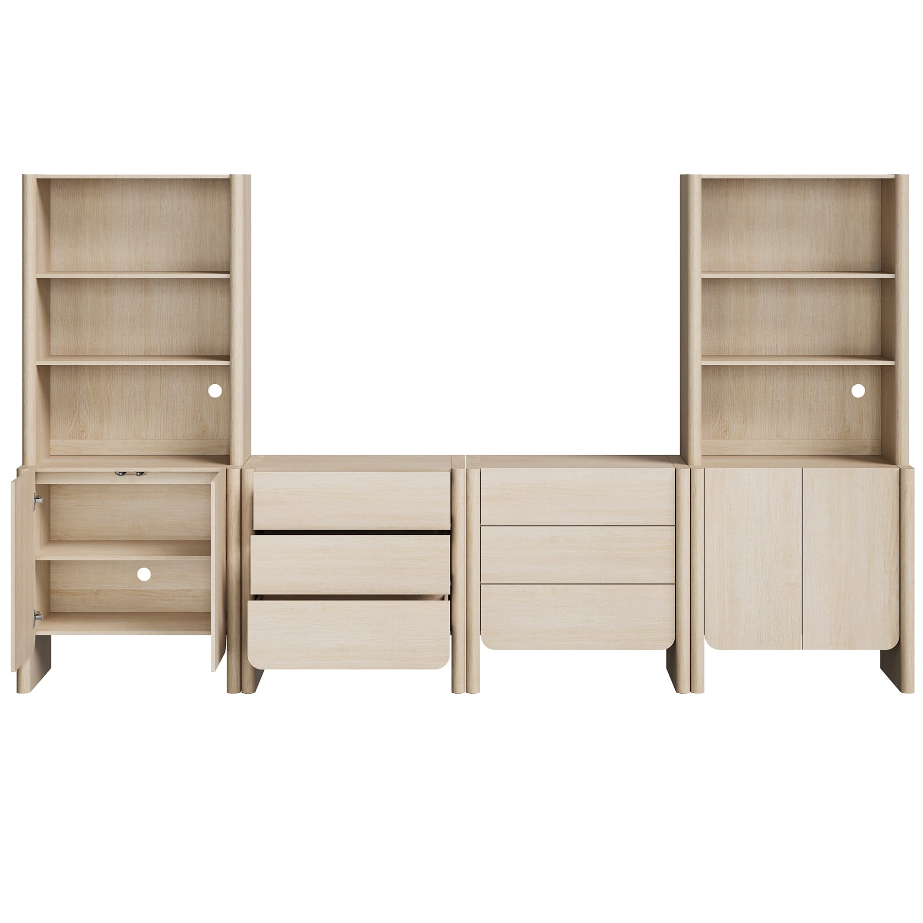 Modern French TV Stand with Bookshelves, 126-Inch Media Console, Doors, Drawers and Open Shelving, Supports TVs up to 70 Inches, Beige